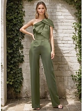 abordables Tailleurs-pantalons et combinaisons-Combinaisons Robe de Soirée Élégante Avec Jupe Détachable Robe Invité au Mariage Longueur de Sol Sans Manches Épaule Dénudée Satin Vert Sauge avec Nœud(s)