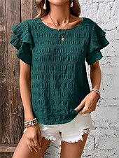 cheap Work Tops-Women&#039;s Blouse Solid Color Elegant Daily Stylish Short Sleeve Crew Neck Regular Tops Daily Holiday Going out Ruffle Patchwork Sage Green Red Navy Blue Purple Green Summer Spring