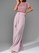 abordables Moins de 129,99 $-Pantalon mère de la mariée Robe élégante décontractée col rond longueur sol polyester manches courtes avec ceinture  ruban 2025