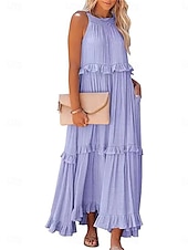 cheap Vacation Dresses-Women&#039;s Maxi Dress Casual Dress Swing Dress Basic Casual Vacation Casual Daily Loose Fit Plain Sleeveless Crew Neck Pink Light Purple Apricot Light Blue Summer Spring