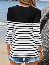 billige Stripe og geometrisk t-skjorte-Dame T skjorte Stripet Fritid Langermet Crew-hals Vanlige topper Daglig Trykt mønster Svart Vår Høst