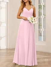 baratos Vestidos para Madrinhas-Linha A Vestido de Madrinha Decote V / Com Alças Finas Sem Manga Elegante Longo Chiffon / Elastano com Cruzado / Pregueado / Franzido 2022