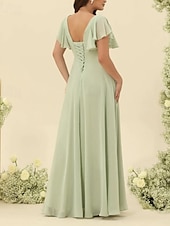baratos Vestidos para Madrinhas-Linha A Vestido de Madrinha Decote V Manga Curta Elegante Longo Chiffon com Fru-Fru / Franzido 2022