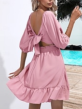 cheap Plain Dress-Women&#039;s Mini Dress A Line Dress Milkmaid Dress Off The Shoulder Dress Puff Sleeve Dress Vacation Vacation Daily Regular Fit Plain Half Sleeve Square Neck Black White Light Green Pink Summer