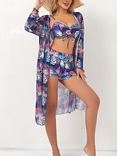 voordelige 3-delige bikiniset-Dames Zwemkleding Bikini 2 stuks Korte broek Zwempak Blote rug Slank Vakantie Strand Kleding Bladeren V-hals Mouwloos Lange mouw Badpakken