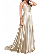 baratos Vestidos para Madrinhas-vestido de dama de honra linha A, alças finas, sem mangas, elegante, cauda curta, charmeuse, com frente aberta / franzido 2025