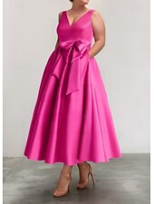 preiswerte Brautjungfernkleider-A-Linie Brautjungfernkleid V-Ausschnitt Ärmellos Elegant Knöchellänge Satin mit Schleife(n)  Falten