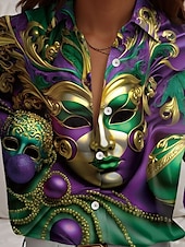 billige Karneval-Karneval Dame Skjorte Grafisk Fritid Langermet Skjortekrage Vanlige topper Arbeid Daglig Knapper Trykt mønster Grønn Vår Høst Vinter
