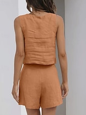 preiswerte Sets-Damen Mode Streetwear Hemd Baumwoll-Leinen-Sets Zweiteilige Sets Leinenhosen Baggy-Shorts Ärmellos Quadrathals Einfarbig Alltagskleidung Date Schwarz Braun Khaki Sommer Normale Passform