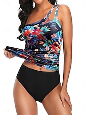 preiswerte Tankinis-Damen Badeanzug 2 Stück Cheeky-Bikinihose Bademode Rückenfrei Bauchkontrolle Schlank Urlaub Strandbekleidung Graphic Asymmetrischer Hals Ärmellos Badeanzüge