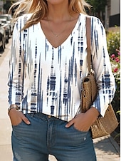 abordables T-shirt Boho-T-shirt femme à col V manches longues tunique mode moderne décontracté tops réguliers impression quotidienne week-end blanc bleu royal bleu vert kaki automne hiver