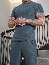 baratos Conjuntos de Camisas para Homem-Homens Conjunto de treino Moletom Camiseta e shorts Conjunto Conjunto de roupas Gola Redonda Ao ar livre Diário Esportes Bolsos Com Cordão 2 Peças Côr Sólida Vermelho Vinho Azul Royal Verde Poliéster