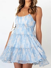 economico Arte &amp; Design Abiti-Per donna Mini abito Abito linea A Abito in tulle Abito sottoveste Abito a spalle scoperte Festa Compleanno Feste Compleanno Standard Pop art Senza maniche Con bretelline Giallo Rosa Blu Azzurro cielo