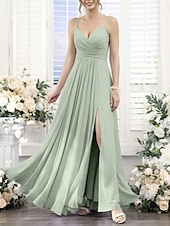 baratos Vestidos para Madrinhas-Linha A Vestido de Madrinha Decote V / Com Alças Finas Sem Manga Elegante Longo Chiffon com Pregas / Fenda Frontal / Franzido 2022