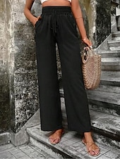cheap Plain Cotton Linen Pant-Women&#039;s Cotton Linen Shorts Linen-Inspired Pants Cotton Linen Pants Fashion Streetwear Comfort Full Length High Waist Plain Drawstring Elastic Waist Straight Leg Comfy Outdoor Comfortable Street