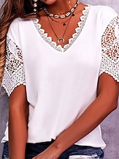 economico Top in Pizzo-Per donna Maglietta Semplice Moda Moderno Casual Manica Corta Scollo a V Top Regolari Quotidiano Uscire Weekend Pizzo Patchwork Traforato Bianco Rosa Viola Azzurro Estate Primavera