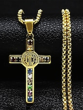 baratos Jóias Masculinas-colar masculino de cruz banhado a ouro em aço inoxidável com pedras preciosas multicoloridas – pingente religioso, corrente estilosa para uso diário, presentes para ocasiões religiosas