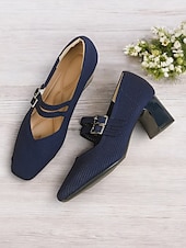 cheap Block Heels-Breathable Fly-knit Mary Jane Pumps with Double Buckle Detail and Chunky Heel, Elegant Style for Women, Ideal for Work, Events and Formal Occasions