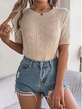 abordables Hauts en dentelle-Femme Pull en maille torsadée Pullover Le style mignon du quotidien mode Couleur unie A côtes Col Ras du Cou Ouvert Tricoté Manches à volants Manches courtes Hauts réguliers Tricoter Intérieur Soirée