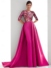 cheap GREEN-A-Line Evening Gown Elegant Dress Beaded Gown Formal Wedding Sweep / Brush Train Half Sleeve Boat Neck Satin with Slit Beaded Lace Appliques 2025