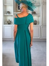 abordables Robes de cocktail-Robe de cocktail A-Line Robe élégante Formelle Mariage Longueur aux chevilles À manches courtes Une épaule Satin avec Fleur d&#039;épaule Robes