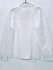 cheap White tee-Women&#039;s Blouse Eyelet top Lace Tops Plain Daily Stylish Basic Long Sleeve Shirt Collar Regular Tops Work Daily Holiday Hollow Out Buttons White Spring Fall