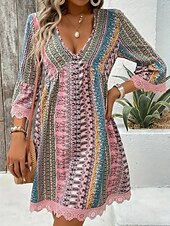 tanie Sukienki boho-Damskie Sukienka mini Codzienne sukienki Sukienka Boho Elegancki Codzienny Urlop Codzienny Regularny Graficzny Geometryczny Rękaw 3/4 W serek Rumiany róż Czerwony Niebieski Lato