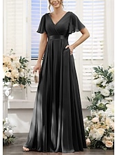 baratos Vestidos para Madrinhas-Linha A Vestido de Madrinha Decote V Manga Curta Elegante Longo Chiffon com Franzido 2022