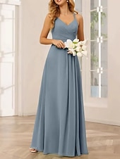 baratos Vestidos para Madrinhas-Linha A Vestido de Madrinha Decote V / Com Alças Finas Sem Manga Elegante Longo Chiffon / Elastano com Cruzado / Pregueado / Franzido 2022