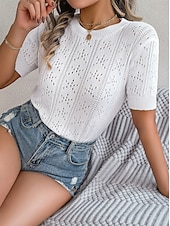 abordables Hauts en dentelle-Femme Pull en maille torsadée Pullover Le style mignon du quotidien mode Couleur unie A côtes Col Ras du Cou Ouvert Tricoté Manches à volants Manches courtes Hauts réguliers Tricoter Intérieur Soirée