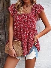 abordables Tops Graphiques pour Femmes-Femme Chemise Chemisier Floral mode Décontractées Manche Courte Col Carré Hauts réguliers du quotidien A Volants Imprimer Noir Jaune Rouge Beige Eté