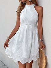 preiswerte Weiße Spitzenkleider-Damen Minikleid Weißes Kleid Freizeitkleid Boho-Kleid Basic Lässig Urlaub Täglich Normale Passform Einfach Ärmellos Neckholder Weiß Sommer