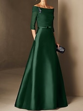 abordables BLEU-Robe de soirée A-Line élégante robe de fiançailles formelle soirée longueur sol manches demi épaule dénudée invité de mariage en chiffon avec fronces