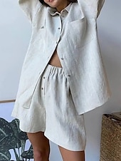 ieftine Seturi-Pentru femei Modă Șic Stradă Cămașă Seturi inspirate de in Seturi din două piese Pantaloni scurți de plajă Pantaloni scurți largi Manșon Lung Guler Cămașă Culoare solidă Cordon Vacanță Purtare Zilnică