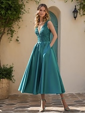 levne Koktejlové šaty-A-line koktejlové šaty elegantní šaty formální svatební host čajová délka bez rukávů hluboký výstřih kapsa krajková aplikace s korálky kapsové šaty