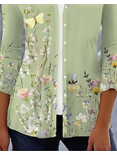 cheap Casual Floral Dresses-Women&#039;s Shirt Floral Basic Linen Like 3/4 Length Sleeve Square Neck Regular Tops Daily Print Light Green Summer