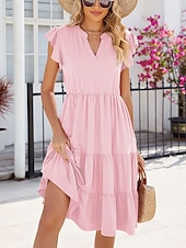 preiswerte Blumenkleider-Damen kleid lang Casual kleid Elegant Stilvoll Basic Urlaub Arbeit Casual Regular Fit Glatt Kurzarm V Ausschnitt Dunkel Braun Rosa Dunkelgrün Aprikose Sommer Frühling