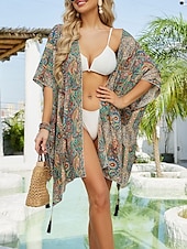 billiga Strandklänningar-Damers baddräkter cover up baddräkt knappar semester strandkläder paisley v-hals långärmad baddräkter