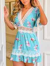 tanie Sukienki kwiatowe-Damskie Sukienka mini Sukienka gorsetowa Sukienka A line Sukienka z falbanami Sukienka z bufiastymi rękawami Urlop Elegancki Codzienny Urlop Codzienny Regularny Kwiaty Krótki rękaw W serek Biały