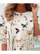 billige Blomster t-skjorte-Dame T skjorte Blomstret Elegant Årgang Mote Langermet Crew-hals Vanlige topper Daglig Ut på byen Helg Trykt mønster matt-hvit Sommer Vår