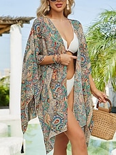 billiga Strandklänningar-Damers baddräkter cover up baddräkt knappar semester strandkläder paisley v-hals långärmad baddräkter