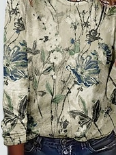 economico T-shirt floreale-Maglietta da donna a maniche lunghe con scollo tondo tunica floreale piante elegante vintage top regolari quotidiani per uscire stampa verde chiaro