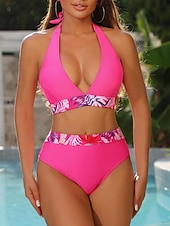billiga Bikiniset i 3 delar-Dam Badkläder Bikini Tre delar Kalsonger Baddräkt Öppen rygg Smal Hög midja Semester Standkläder Blommig Halterneck Långärmad Baddräkter