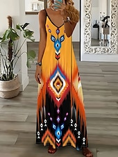 tanie Sukienki boho-Damskie Sukienka maxi Codzienne sukienki Sukienka A line Sukienka na ramiączkach Bohema Urlop Zabytkowe Urlop Codzienny Regularny Geometryczny Bez rękawów W serek Pomarańczowy Lato