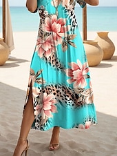 cheap Floral Dress-Women&#039;s Maxi Dress Long Sleeve Boho Dress Elegant Vintage Butterfly Sleeve Vacation Beach Regular Fit Floral Leopard Vintage Short Sleeve Crew Neck Pink Blue Green Summer