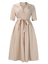 economico Sotto 129,99 $-Abito Madre della Sposa Abito Elegante Casual Collo Camicia Lunghezza Completa Poliestere Maniche Corte con Bottoni