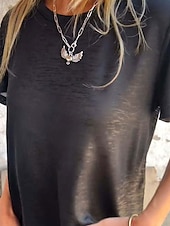 baratos Camiseta lisa-Mulheres Camiseta Tecido Moda Moderno Casual Manga Curta Gola Redonda Tops regulares Diário Final de semana Paetês Prata Preto Dourado Arco-íris Verão Primavera