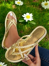 baratos Chinelos de slide-sandálias de tiras douradas para mulheres – sandálias elegantes com presilhas nos dedos, design trançado e sola plana para roupas casuais de verão