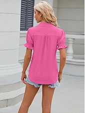 cheap Lace Tops-Women&#039;s Boho T-shirt Plain Bohemia Cute Stylish Short Sleeve Puff Sleeve V Neck Shirt Collar Regular Tops Daily Going out Weekend Ruffle Eyelet Sage Green Black White Pink Wine Summer