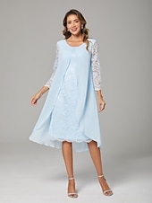 baratos Com jaqueta-Vestido A-Line de Mãe da Noiva Elegante Plus Size Gola Redonda Comprimento Até o Joelho Chiffon Renda Manga Longa com Renda 2025